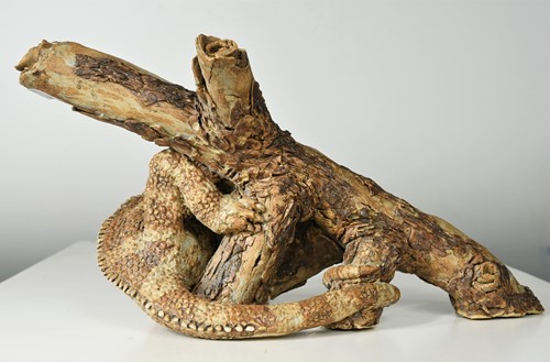 Lot 90 - David Cooke (1970-), a ceramic sculpture of a chameleon on a branch, 1996