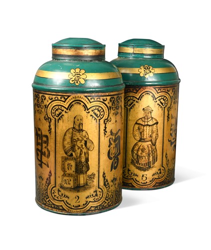 Lot 503 - A pair of green Toleware tea cannisters, 19th century