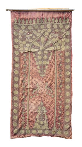 Lot 402 - An Indian gold wrapped thread embroidered wall hanging, 19th century