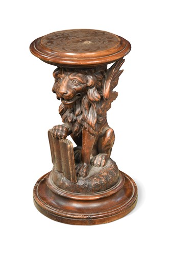 Lot 396 - An Italian carved walnut lion stool,  19th century