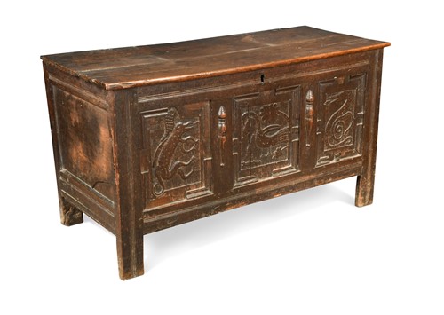 Lot 389 - A carved oak coffer, 17th century with alterations
