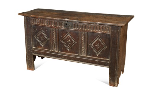 Lot 309 - An oak coffer with three panel front, 17th century and later