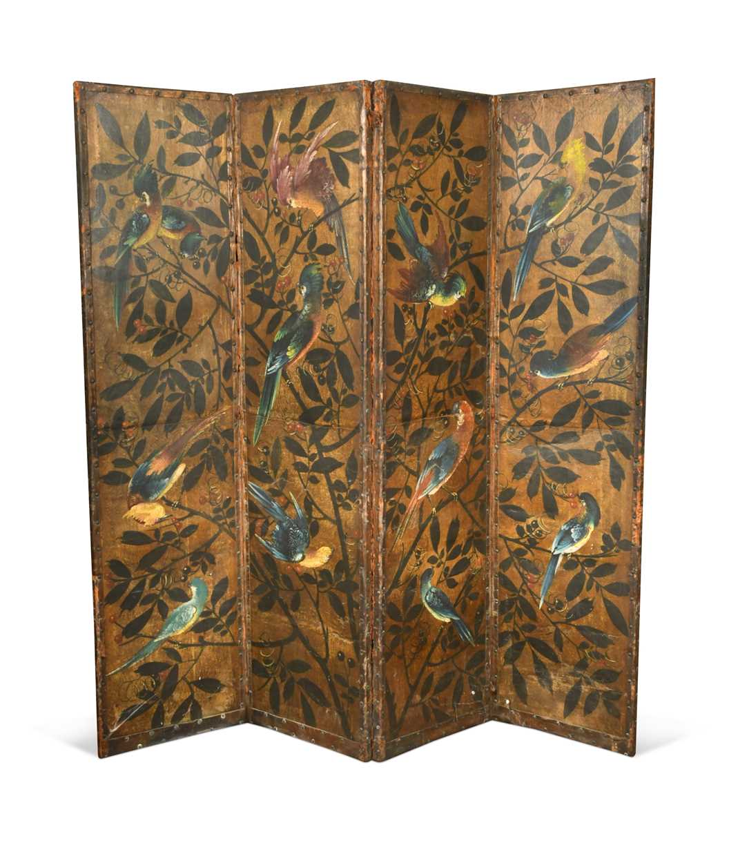 Lot 417 - A painted leather four-fold screen, 19th century