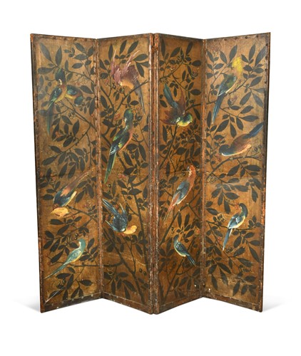 Lot 417 - A painted leather four-fold screen, 19th century