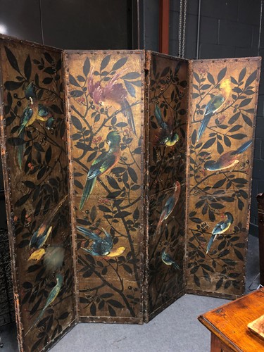 Lot 417 - A painted leather four-fold screen, 19th century