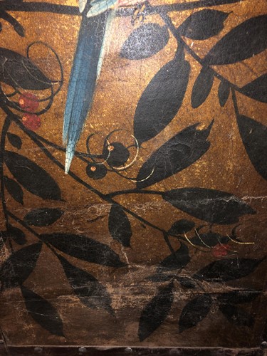 Lot 417 - A painted leather four-fold screen, 19th century