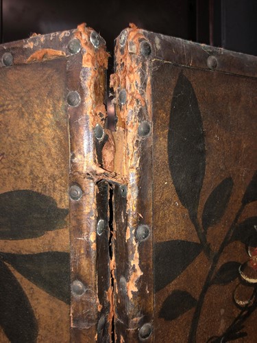 Lot 417 - A painted leather four-fold screen, 19th century
