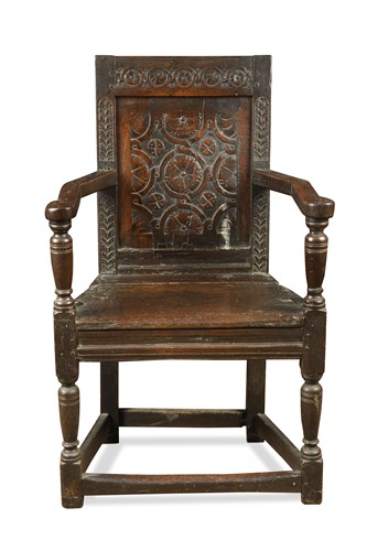 Lot 315 - A joined oak caqueteuse type open armchair, 17th century