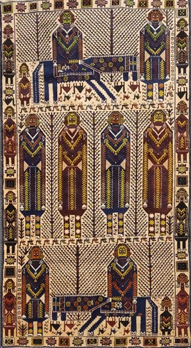 Lot 514 - A Beluchi rug decorated with figures, 210 x 108cm