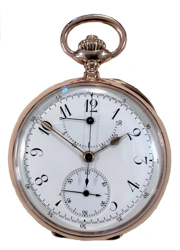 Lot 295 - Stauffer, Son & Co. for József Lechner, Budapest, - A Swiss 14ct gold open faced chronograph pocket watch