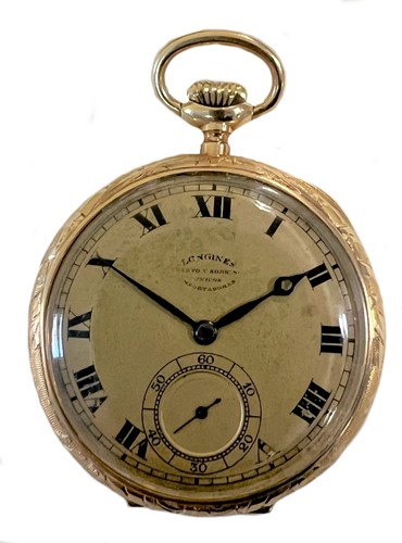 Lot 303 - Longines for Cuervo y Sobrinos, Havana - A Swiss 18ct gold open faced pocket watch with unusual front loading configuration