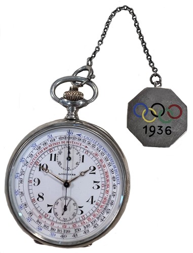 Lot 268 - Longines - A Swiss silver open faced chronograph pocket watch along with a key ring