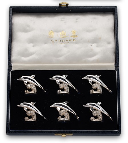 Lot 398 - A cased set of six 20th century silver novelty menu/place card holders, mark of Garrard & Co.