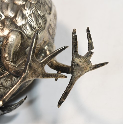 Lot 466 - Two mid 20th century Spanish metalwares silver table ornaments modelled as a brace of peacocks