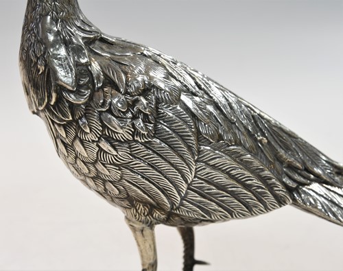 Lot 466 - Two mid 20th century Spanish metalwares silver table ornaments modelled as a brace of peacocks