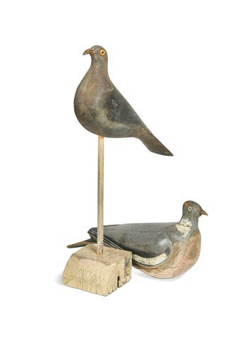 Lot 351 - Four painted wood decoy wood pigeons, late 19th/early 20th century