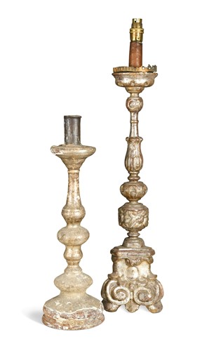 Lot 311 - An Italian carved and silvered wood tripod pricket candlestick, 18th/19th century