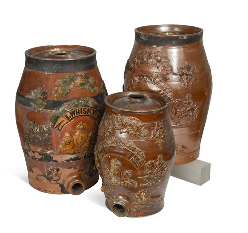Lot 418 - Three brown salt glazed stoneware Whiskey spirit barrels, 19th century