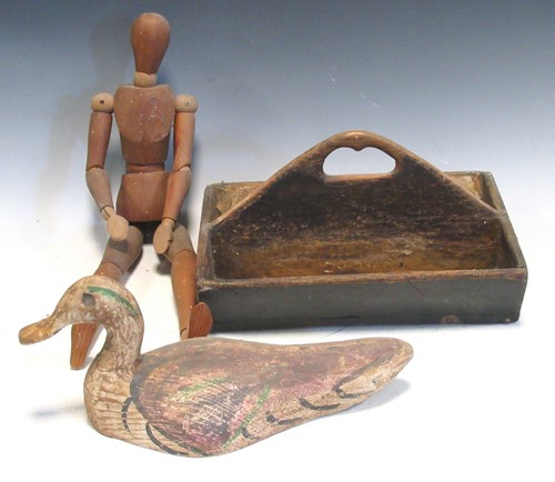 Lot 163 - A decoy duck,16 x 30cm, a wooden lay figure...