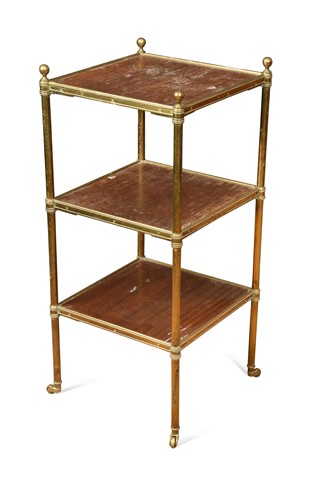 Lot 616 - A brass and mahogany three-tier etagere, 20th century