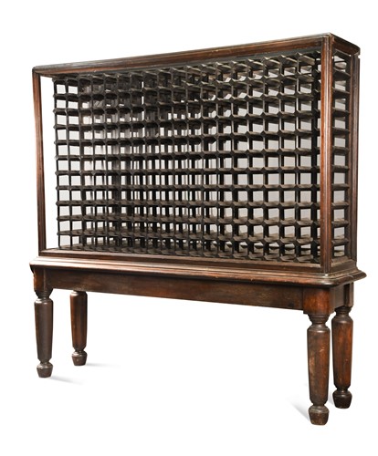Lot 719 - A mahogany framed museum cabinet on stand adapted into a wine rack, circa 1900