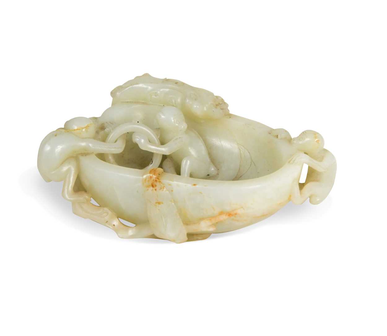 Lot 70 - A Chinese mutton fat jade ape and fruit bowl,  Qing Dynasty, 19th century