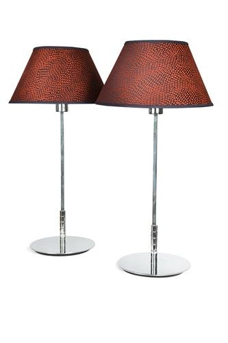 Lot 111 - A pair of contemporary chrome table lamps with handmade silk shades