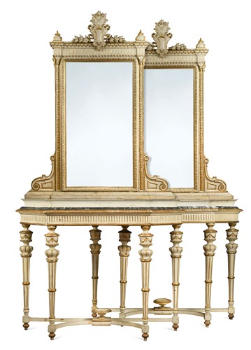 Lot 736 - A pair of Florentine white painted console tables with mirrors, late 19th century