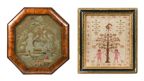 Lot 338 - A walnut framed needlepoint of children playing blind man's buff, 19th century