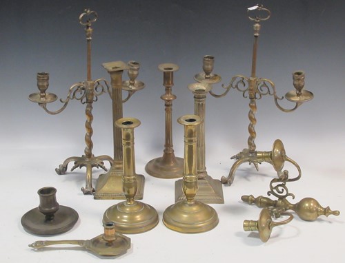 Lot 169 - A pair of brass table candelabra, 41cm high,...