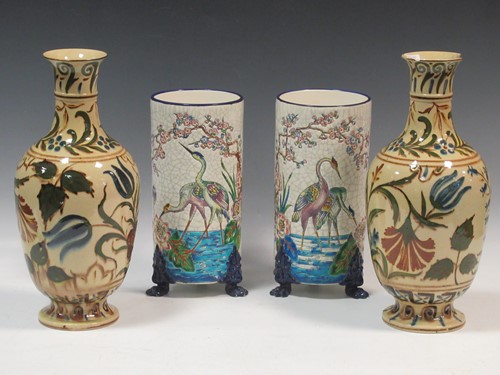 Lot 55 - A pair of Longwy cloisonne style cylindrical...