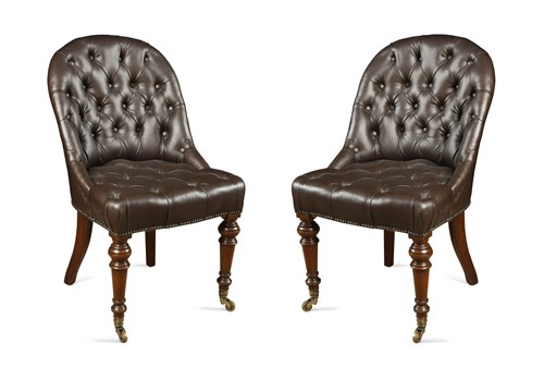 Lot 466 - A pair of Victorian mahogany button-backed slipper chairs stamped Howard & Sons