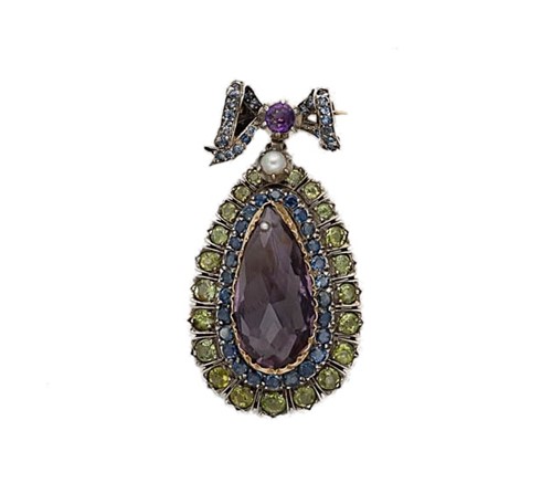 Lot 71 - A Victorian amethyst, sapphire, peridot and pearl pendant/brooch