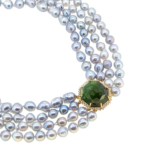 Lot 141 - A four row baroque pearl, tourmaline and diamond set necklace