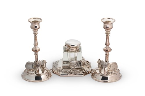 Lot 447 - A pair of silver plated candlesticks and inkwell en suite