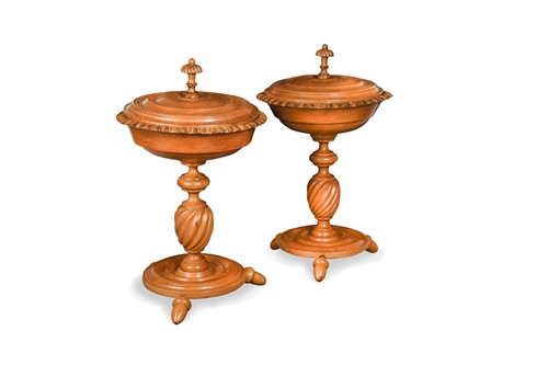 Lot 708 - A pair of Continental fruitwood turned tazze with covers, 19th century