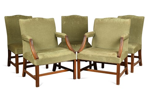 Lot 485 - A set of six Georgian style mahogany dining chairs and two conforming Gainsborough type chairs