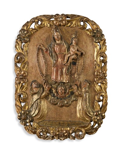 Lot 373 - A carved, gilded and polychrome panel of the Madonna and Child, 19th century