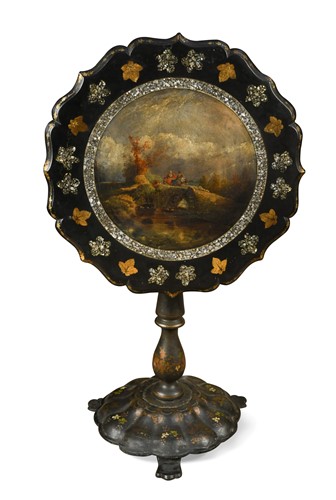 Lot 712 - A Victorian painted papier-mâché tilt-top table, after Jennens and Bettridge