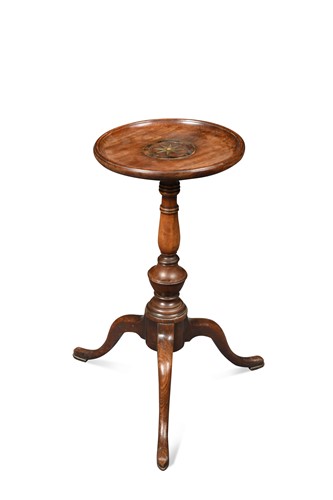 Lot 651 - A brass inlaid padouk and mahogany tripod table, 19th century