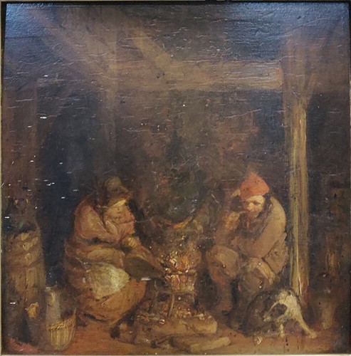 Lot 275 - Dutch School Lady stoking a fire and man...