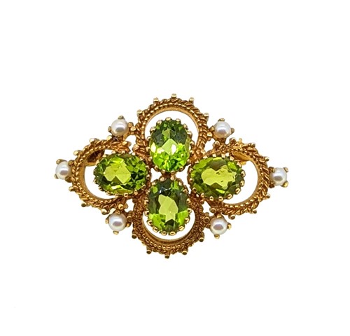 Lot 78 - A late 20th century peridot and pearl brooch