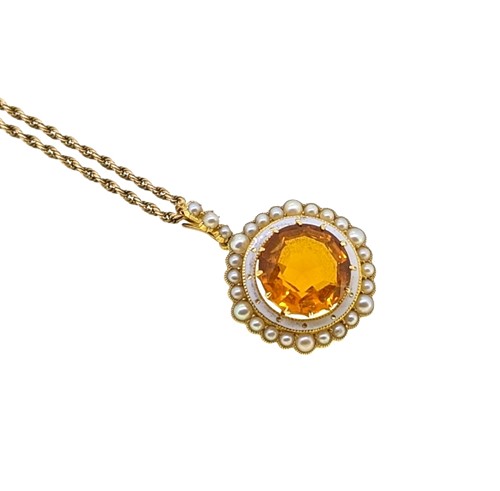 Lot 43 - A citrine, pearl and enamel pendant and chain