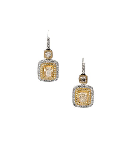 Lot 253 - A pair of yellow and white diamond ear pendants