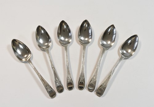 Lot 478 - A set of six George III 18th century silver dessert spoons, mark of Peter & Ann Bateman