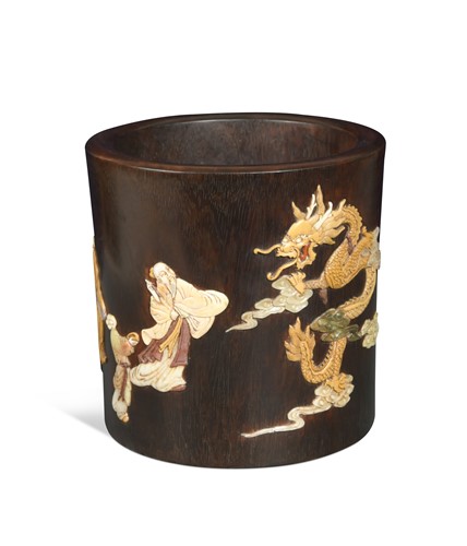 Lot 432 - A Chinese zitan-type stone inlaid brush pot, in 17th century style
