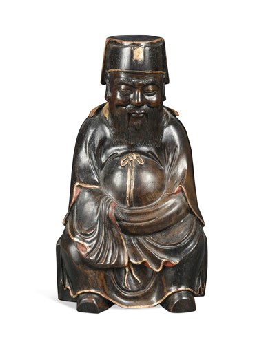 Lot 431 - A Chinese carved zitan-type wood and parcel gilt seated figure of an official, 20th century