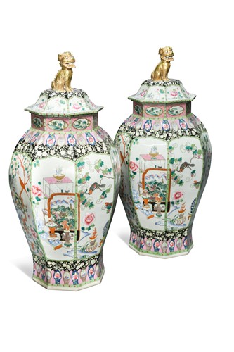 Lot 438 - A large pair of Chinese porcelain famille rose octagonal vases and covers