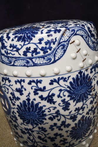 Lot 23 - A Chinese blue and white porcelain barrel seat, Qing Dynasty, 19th century