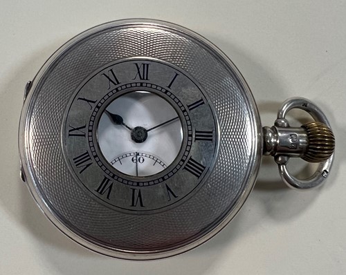 Lot 264 - Syren, Geneve - A George V Sterling silver half hunter pocket watch and chain with 2 fob medals